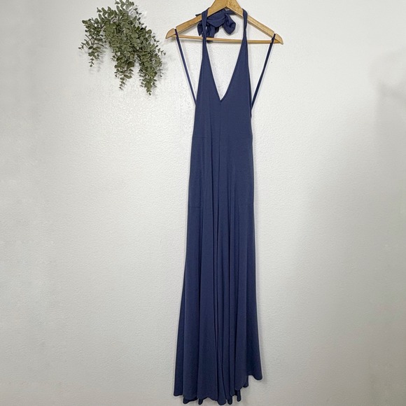 Free People FP Beach Leigh Open Back Jumpsuit Navy Blue Ribbed Wide Leg XS - Picture 2 of 7